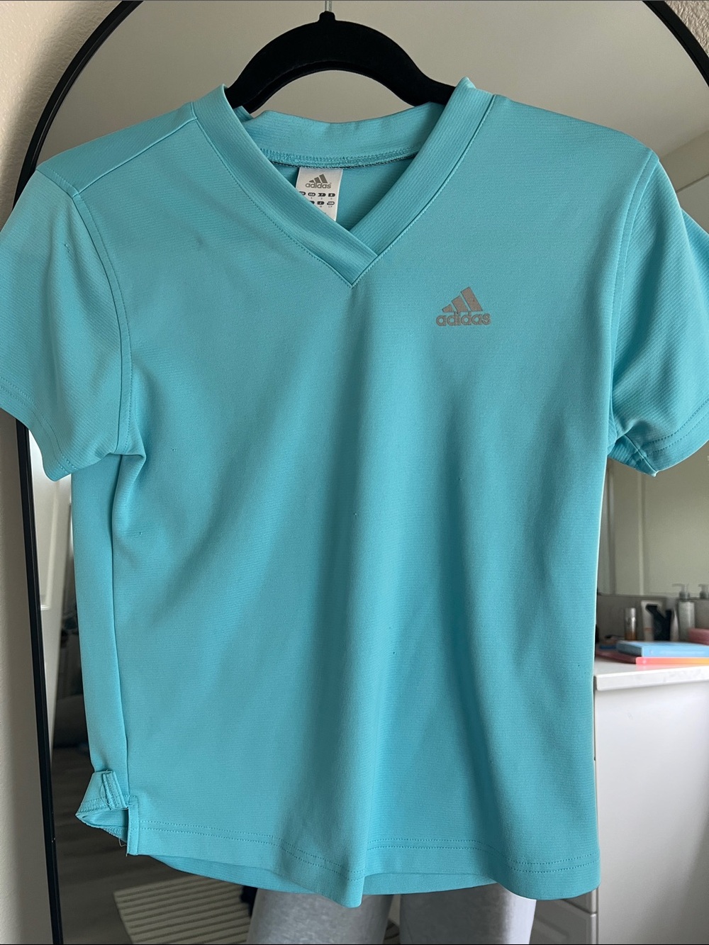 adidas Kids Short-Sleeve V-Neck Tee in Aqua Blue